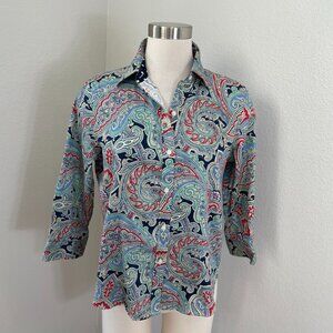 Chaps Womens Petite Large No Iron Paisley Button Up Shirt 3/4 Sleeve Blouse